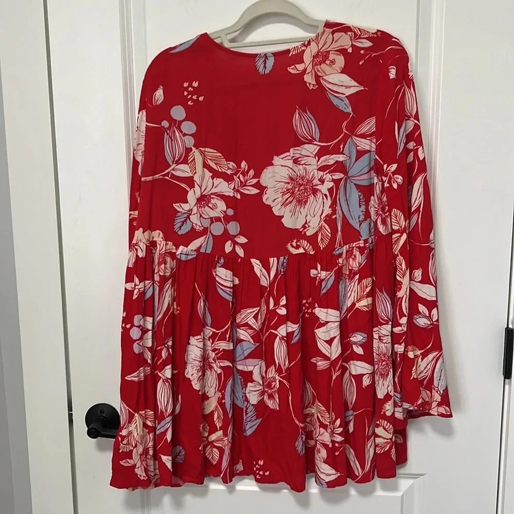 Free People Red Floral V-Neck Tunic